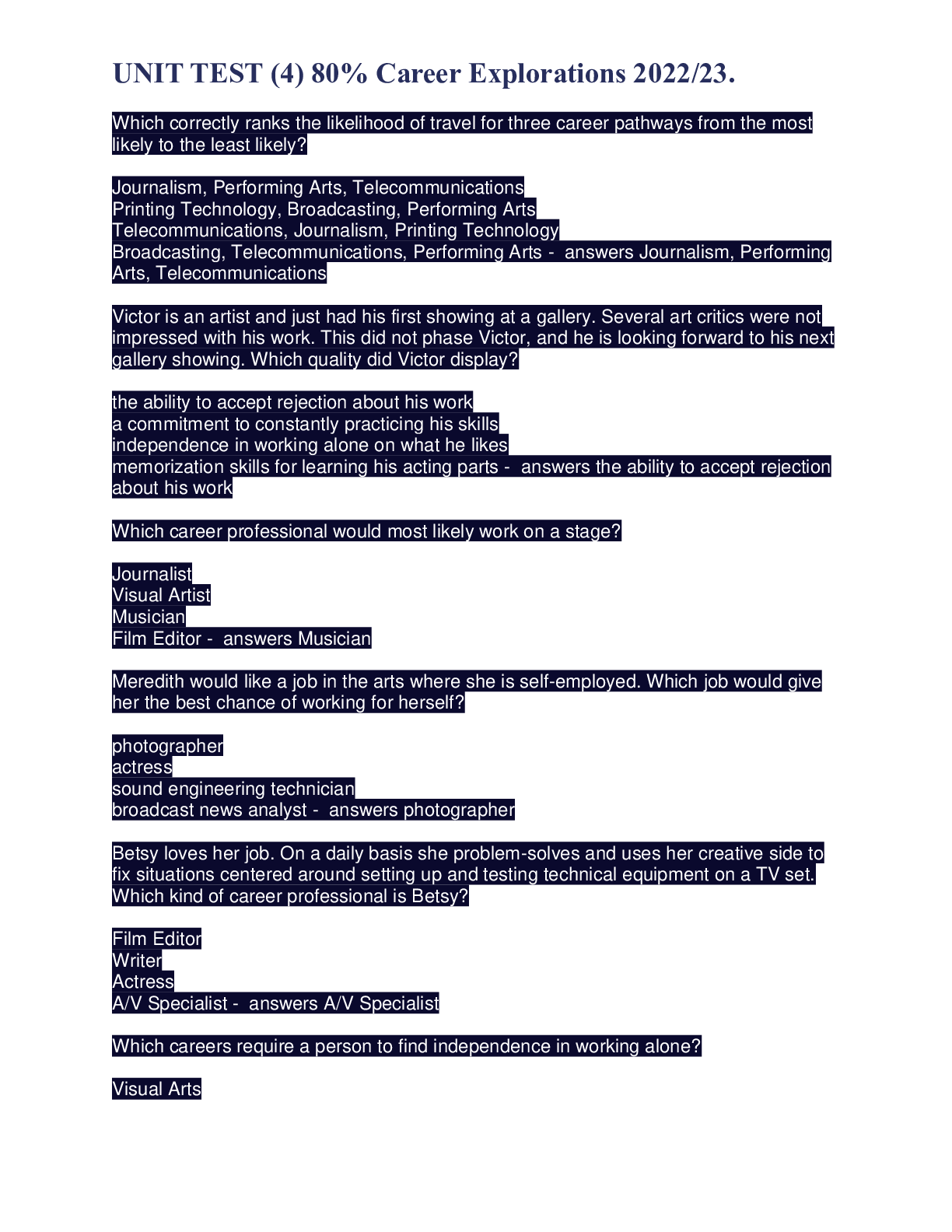 Preview image for UNIT TEST (4) 80% Career Explorations 2022/23.